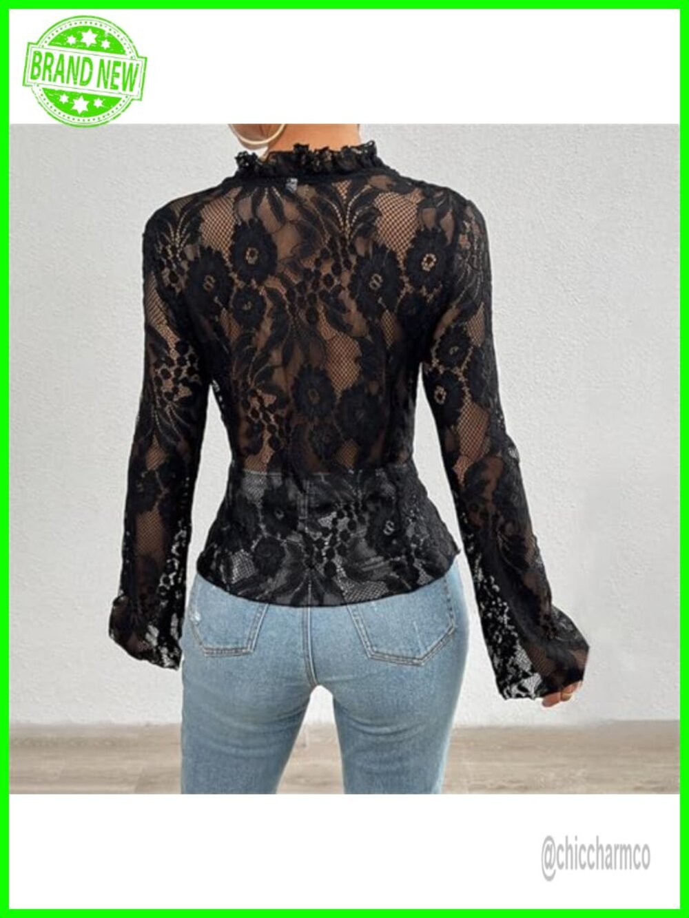 Y2K Sexy Open Front Tie Long Sleeve Ruffle Trim See Through Mesh Crop Top - Picture 6 of 6